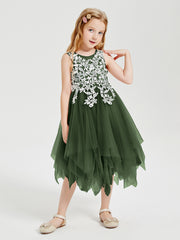 Tea Length Tulle Junior Bridesmaid Dresses Olive Green