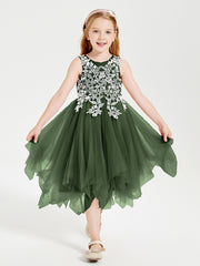 Tea Length Tulle Junior Bridesmaid Dresses Olive Green