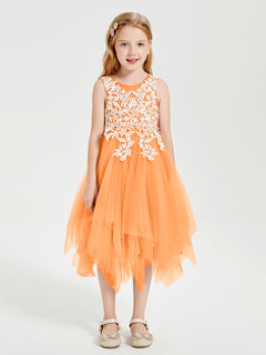 Tea Length Tulle Junior Bridesmaid Dresses Orange