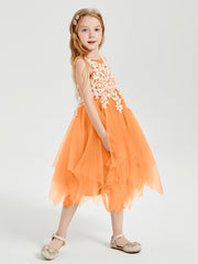 Tea Length Tulle Junior Bridesmaid Dresses Orange