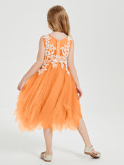 Tea Length Tulle Junior Bridesmaid Dresses Orange