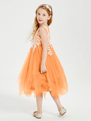 Tea Length Tulle Junior Bridesmaid Dresses Orange