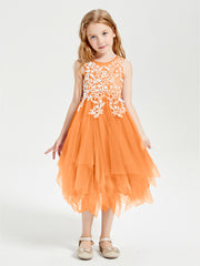 Tea Length Tulle Junior Bridesmaid Dresses Orange
