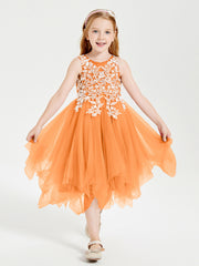 Tea Length Tulle Junior Bridesmaid Dresses Orange