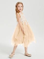 Tea Length Tulle Junior Bridesmaid Dresses Peach