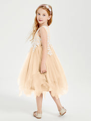 Tea Length Tulle Junior Bridesmaid Dresses Peach