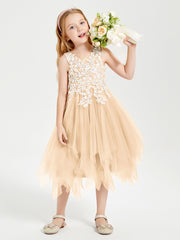 Tea Length Tulle Junior Bridesmaid Dresses Peach