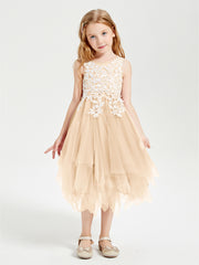 Tea Length Tulle Junior Bridesmaid Dresses Peach