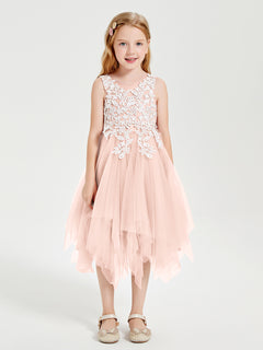 Tea Length Tulle Junior Bridesmaid Dresses Pearl Pink