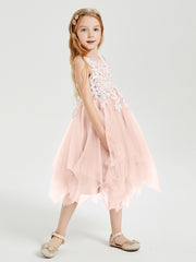 Tea Length Tulle Junior Bridesmaid Dresses Pearl Pink