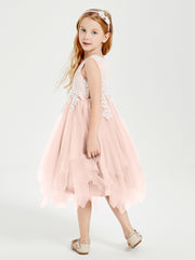 Tea Length Tulle Junior Bridesmaid Dresses Pearl Pink
