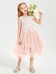 Tea Length Tulle Junior Bridesmaid Dresses Pearl Pink