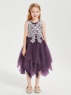 Tea Length Tulle Junior Bridesmaid Dresses Plum