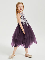 Tea Length Tulle Junior Bridesmaid Dresses Plum