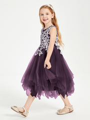 Tea Length Tulle Junior Bridesmaid Dresses Plum