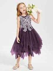 Tea Length Tulle Junior Bridesmaid Dresses Plum