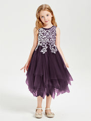 Tea Length Tulle Junior Bridesmaid Dresses Plum