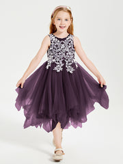 Tea Length Tulle Junior Bridesmaid Dresses Plum