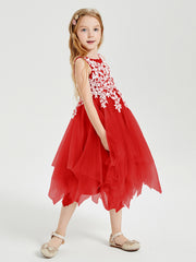 Tea Length Tulle Junior Bridesmaid Dresses Red