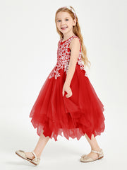 Tea Length Tulle Junior Bridesmaid Dresses Red