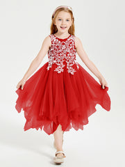 Tea Length Tulle Junior Bridesmaid Dresses Red