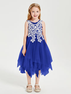 Tea Length Tulle Junior Bridesmaid Dresses Royal Blue