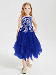 Tea Length Tulle Junior Bridesmaid Dresses Royal Blue