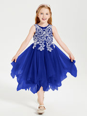 Tea Length Tulle Junior Bridesmaid Dresses Royal Blue