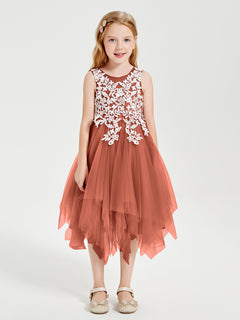 Tea Length Tulle Junior Bridesmaid Dresses Rust