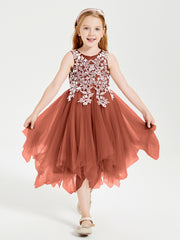 Tea Length Tulle Junior Bridesmaid Dresses Rust