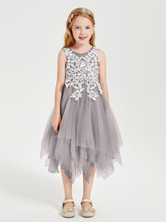 Tea Length Tulle Junior Bridesmaid Dresses Silver