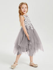 Tea Length Tulle Junior Bridesmaid Dresses Silver