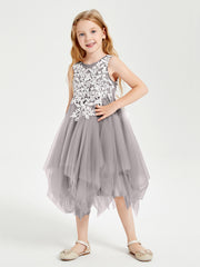 Tea Length Tulle Junior Bridesmaid Dresses Silver
