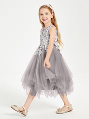 Tea Length Tulle Junior Bridesmaid Dresses Silver