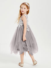 Tea Length Tulle Junior Bridesmaid Dresses Silver