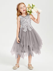 Tea Length Tulle Junior Bridesmaid Dresses Silver