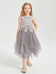 Tea Length Tulle Junior Bridesmaid Dresses Silver