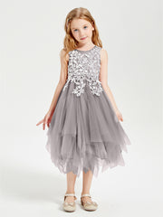 Tea Length Tulle Junior Bridesmaid Dresses Silver
