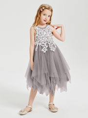 Tea Length Tulle Junior Bridesmaid Dresses Silver