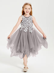 Tea Length Tulle Junior Bridesmaid Dresses Silver