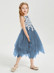 Tea Length Tulle Junior Bridesmaid Dresses Slate Blue