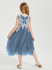 Tea Length Tulle Junior Bridesmaid Dresses Slate Blue