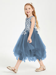 Tea Length Tulle Junior Bridesmaid Dresses Slate Blue