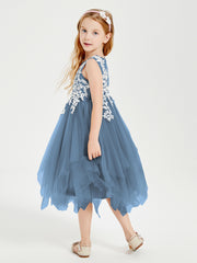 Tea Length Tulle Junior Bridesmaid Dresses Slate Blue