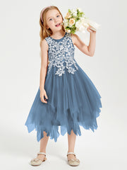 Tea Length Tulle Junior Bridesmaid Dresses Slate Blue