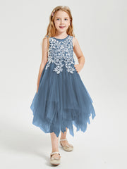 Tea Length Tulle Junior Bridesmaid Dresses Slate Blue