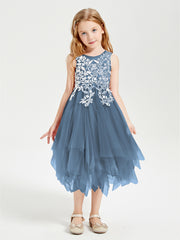 Tea Length Tulle Junior Bridesmaid Dresses Slate Blue