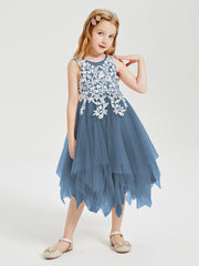Tea Length Tulle Junior Bridesmaid Dresses Slate Blue