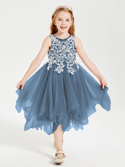 Tea Length Tulle Junior Bridesmaid Dresses Slate Blue