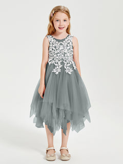 Tea Length Tulle Junior Bridesmaid Dresses Steel Grey